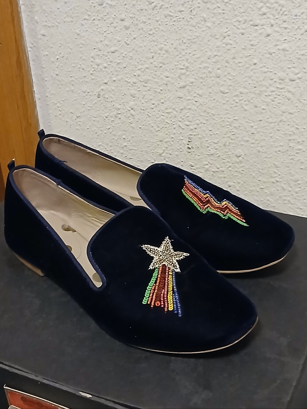 Boden Navy Velvet Sequin Shooting Star Lightning Bolt Loafers EU 38